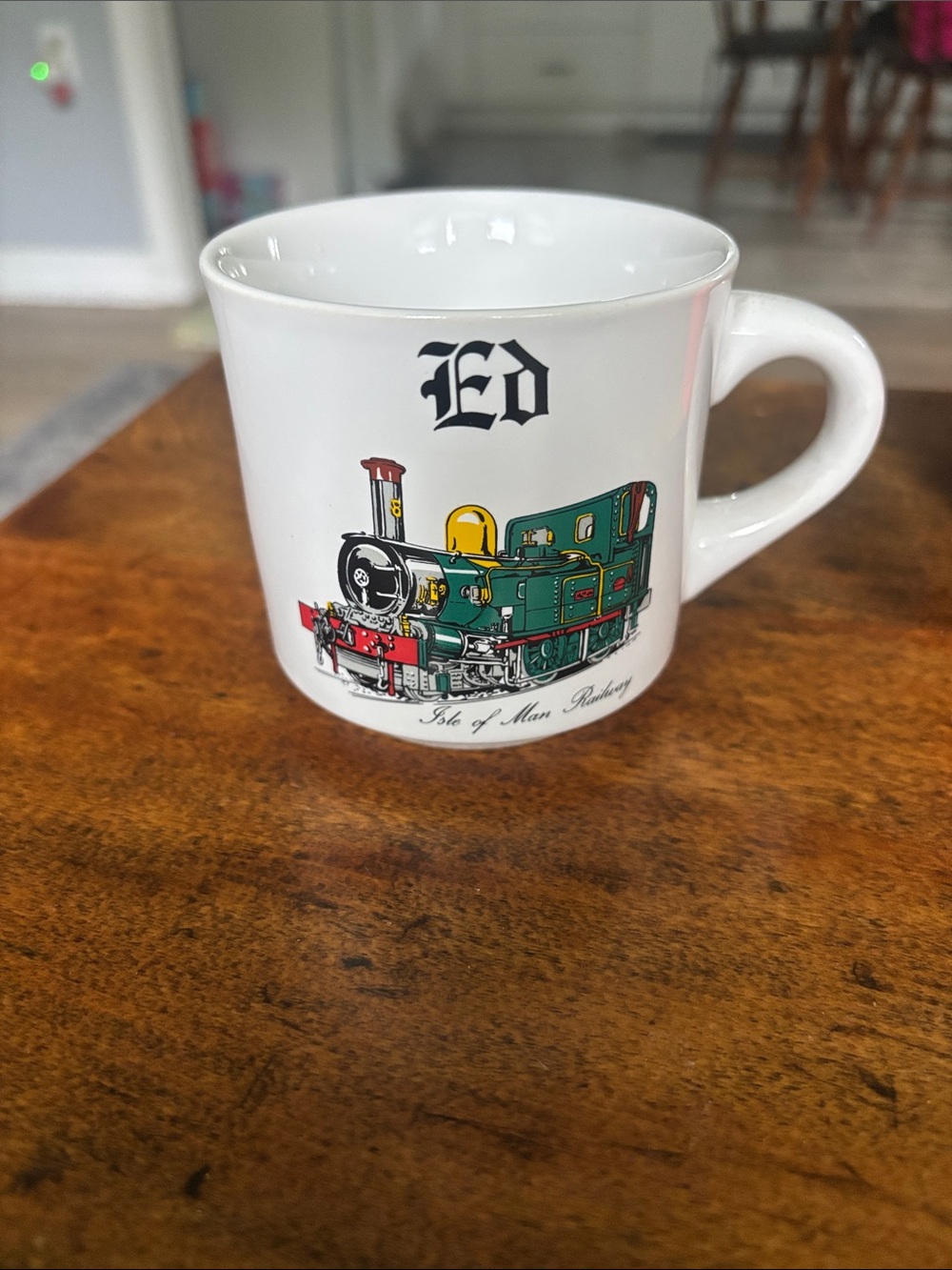 ED Isle of Man Train Graphic White Ceramic Mug Vintage Mid Century Quirky